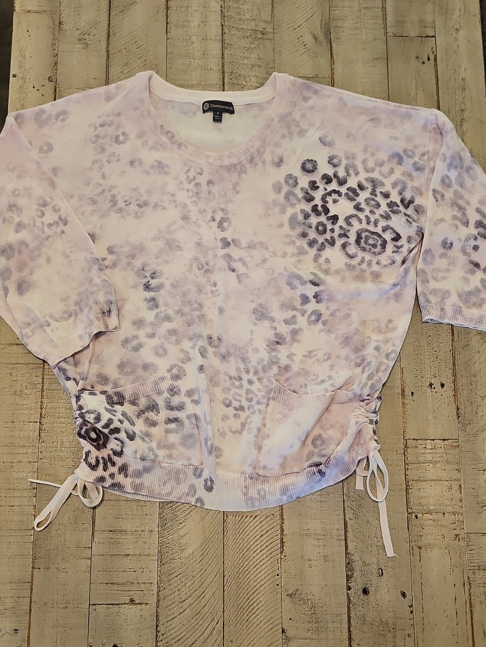 Democracy Pink Lavender Leopard Print Pullover Top With Adjustable Tie Sides